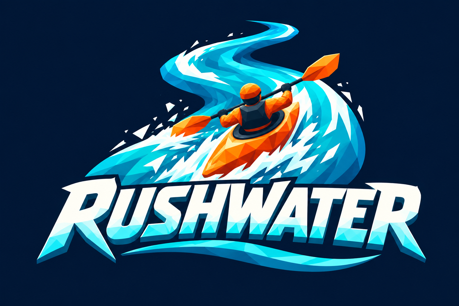 Rushwater logo with an orange kayak riding a turquoise river